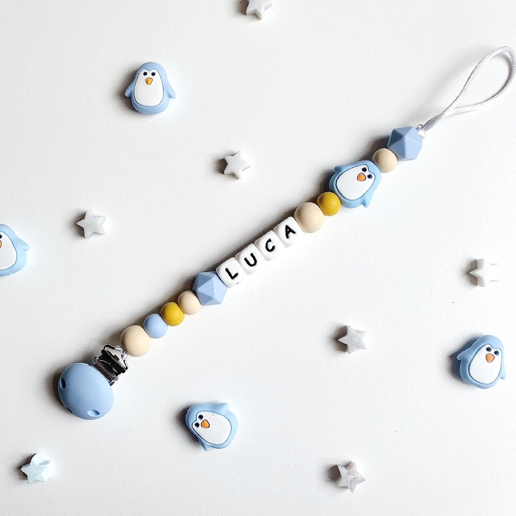 Mustard & Pastel Blue Penguin pacifier chain