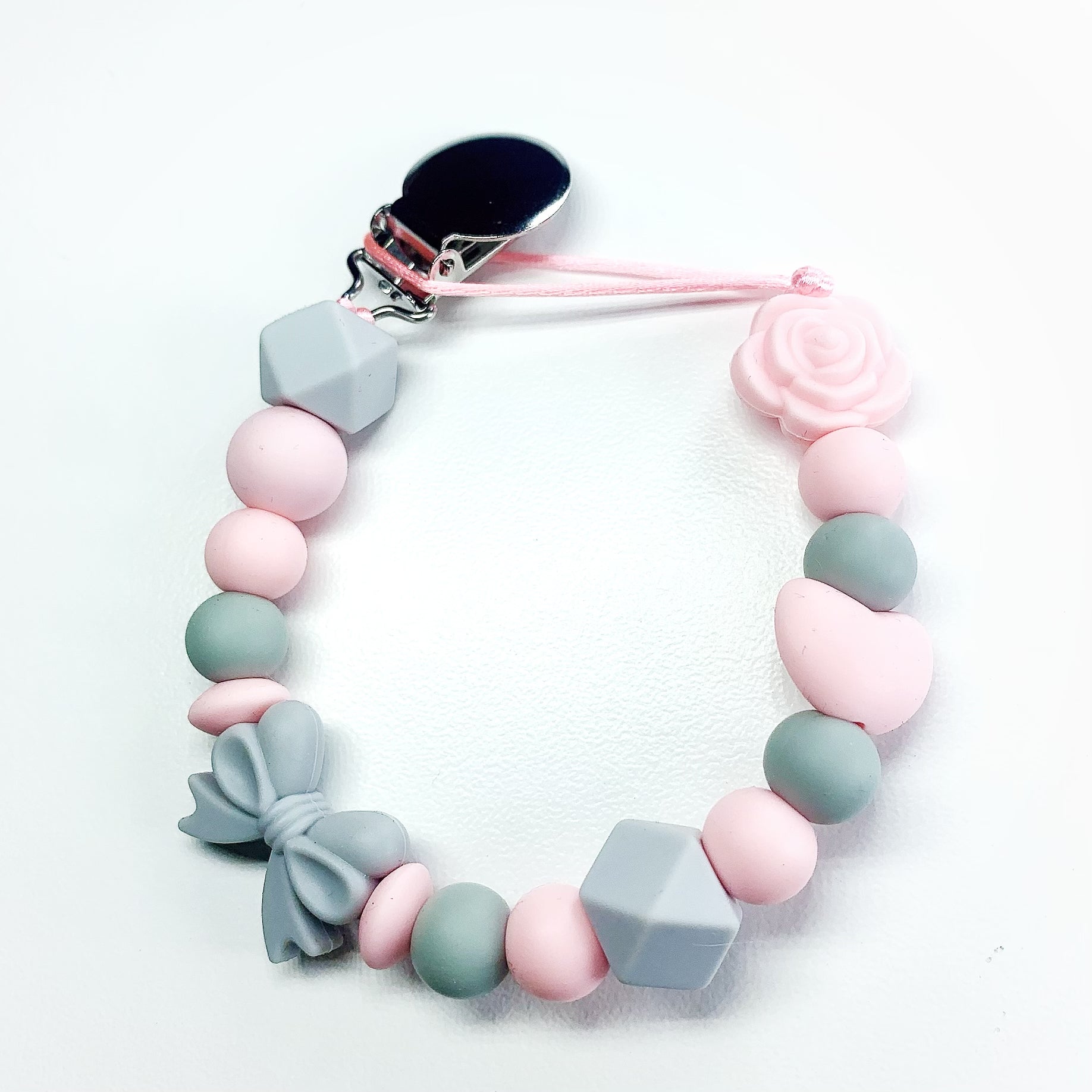 Pink & Grey Bow Pacifier Chain