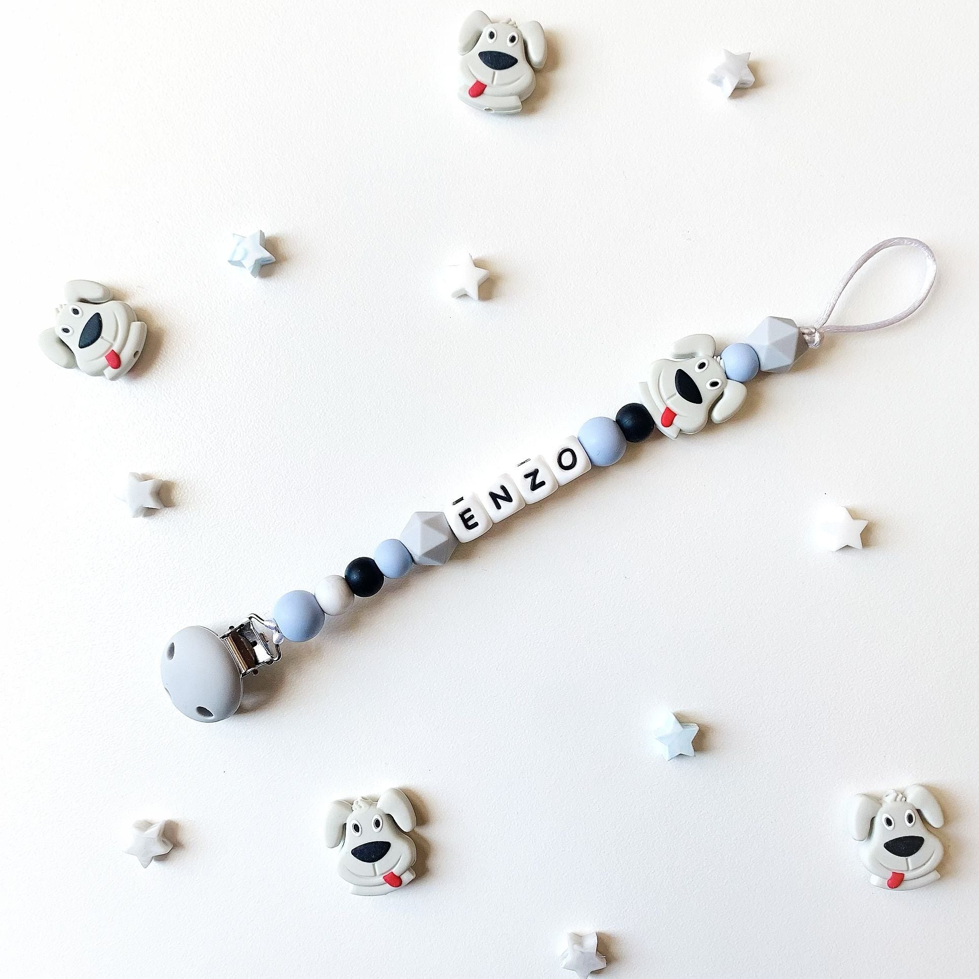 Pale Blue & Grey Puppy Pacifier chain